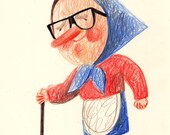 Cool Granny / ORIGINAL ILLUSTRATION / Children illustration / Blue / Red / Robe / Glasses / Funny grandmother / Red nose