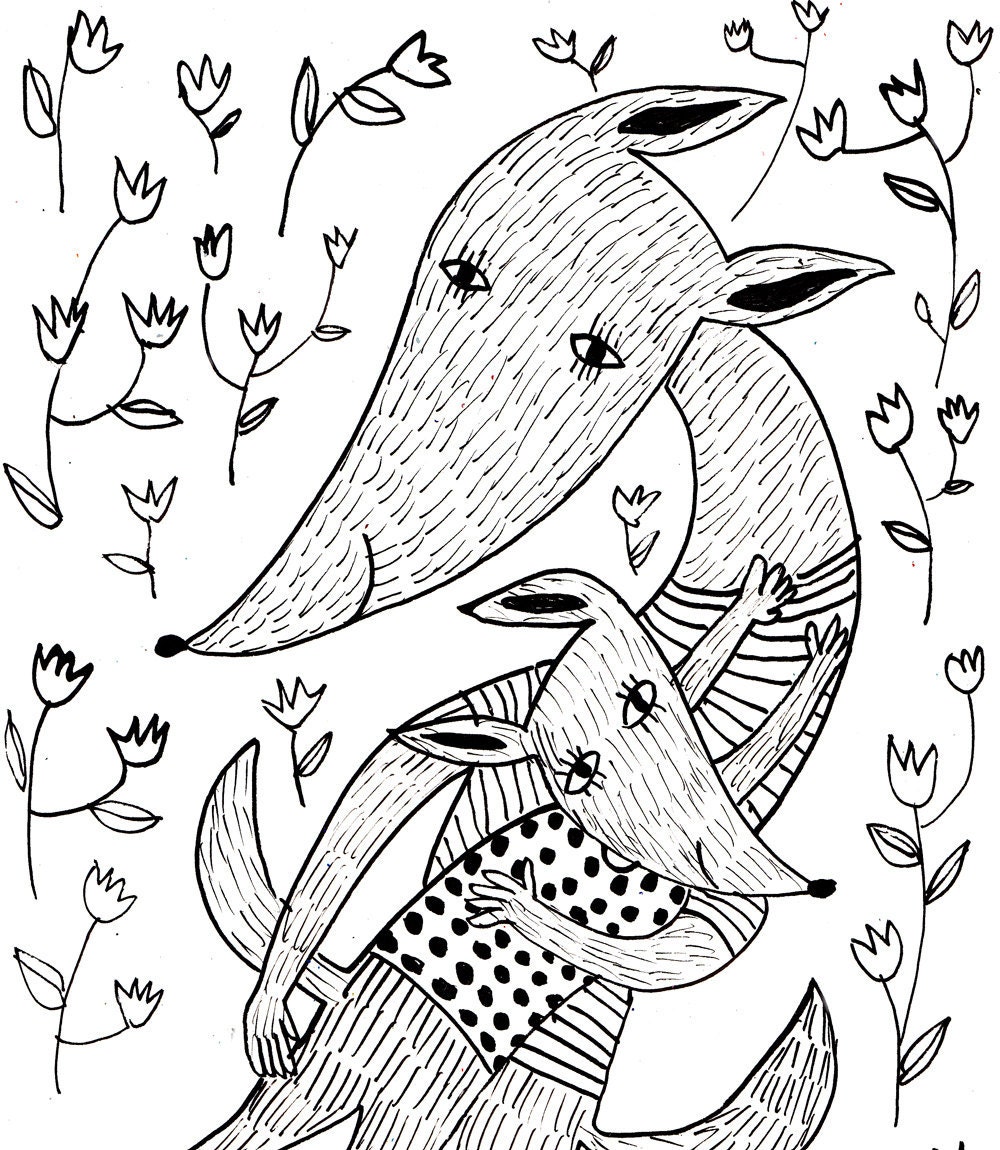 Hug me / Original black and white ink drawing / Animal drawings / Fox / Mother and sun / Flowers background / Children illustration