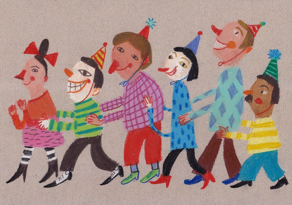 Birthday Party / Original illustration / Party / Dancing / Birthday / Funny hats / Colorful