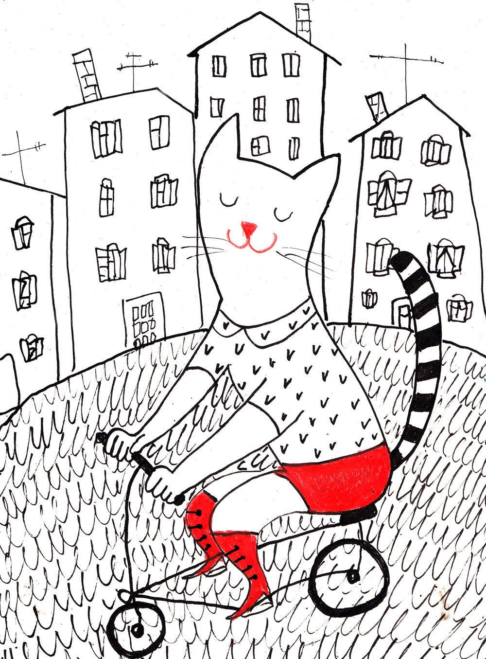 Riding bike on the streets / Original Art / paintings cats / City view / Bicycles