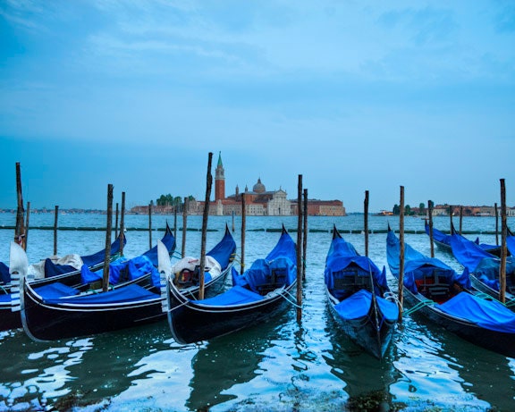 Evening in Venice, gondolas docked near Piazza San Marco, photograph Italy night blue sky grand canal rialto - Venetian Twilight - ven0018