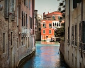 Venice canal with orange house - reflections Italy photo bright sunny gondola piazza italian San Marco Rialto - Orange Visitation - ven0041