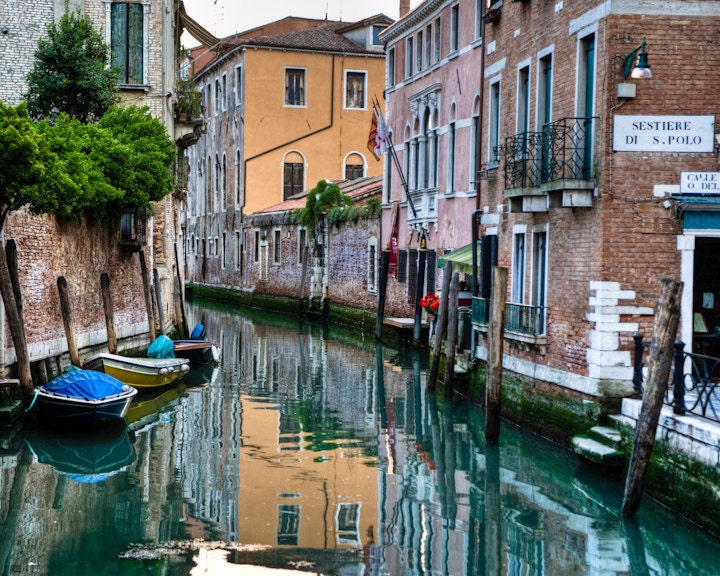 Venice photograph - Reflections in a canal Italy venetian bright sunny boats gondola piazza San Marco Rialto - Canalside - ven0040