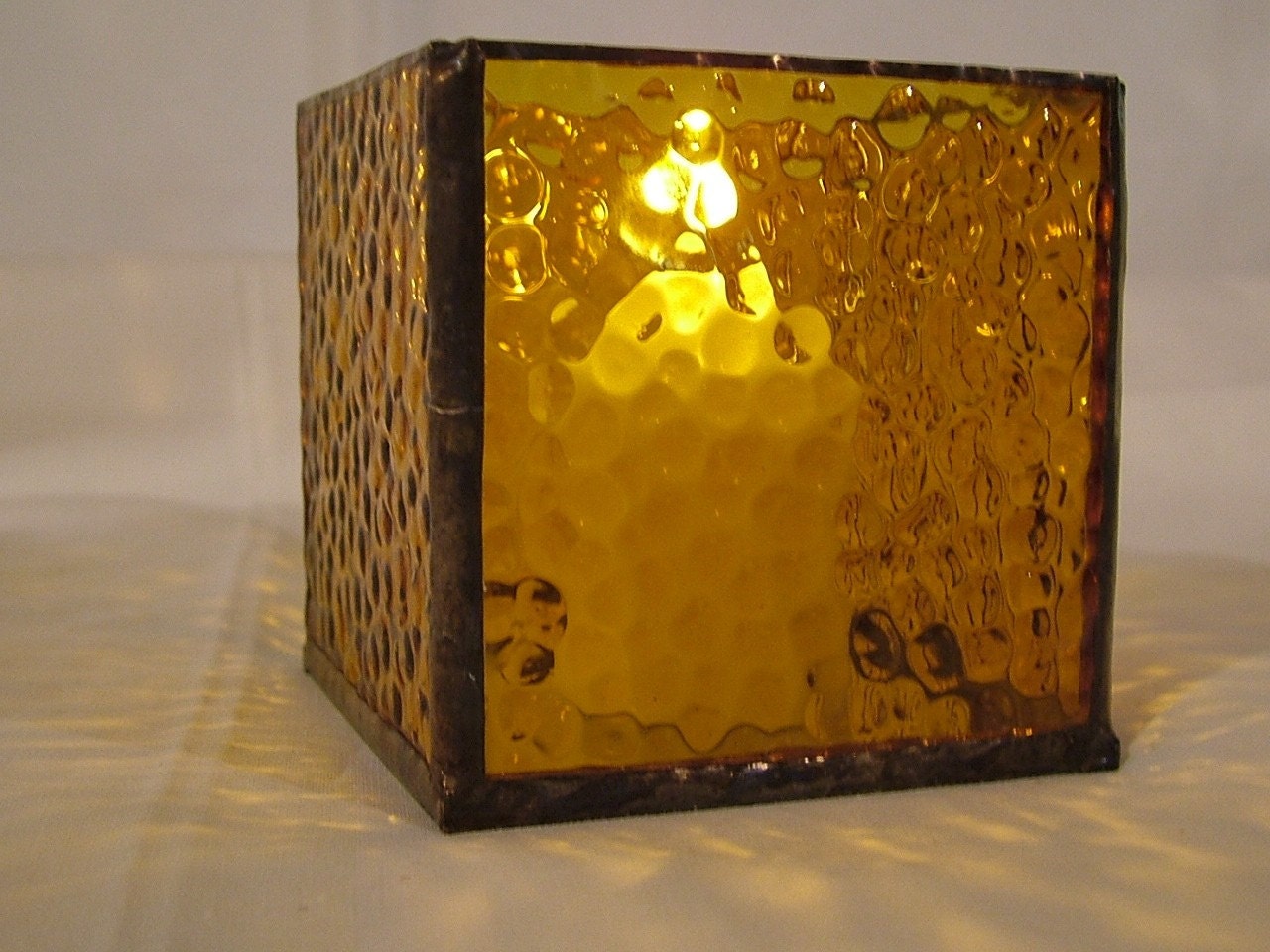 Votive Candleholder, Stained Glass, Amber, 3 x 3 in. with Mirrored Bottom
