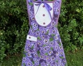 Handmade apron purple pansies tuxedo style
