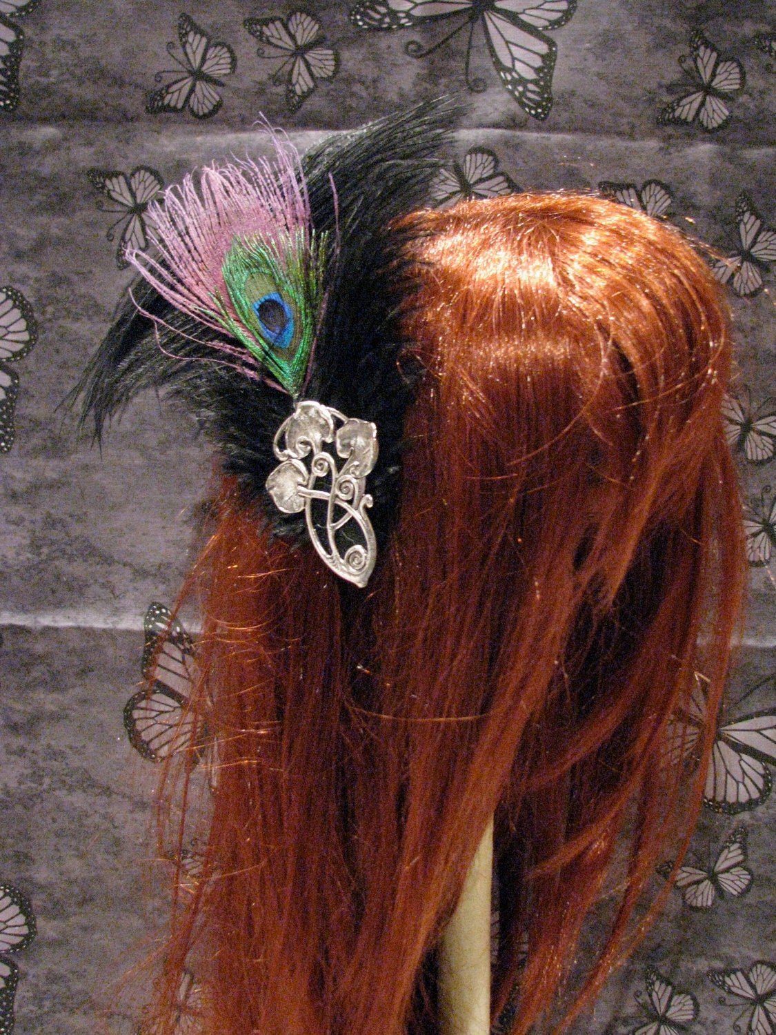 Art Deco, Art Nouveau Silver Calla Lillys 1920s Style Color and Magenta Peacock and Black Ostrich Feather Fascinator by LauriJon Studio City