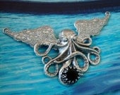 STEAMPUNK SEA CREATURE, Winged Octopus Necklace Supply, Black Glass Prong Set Jewel