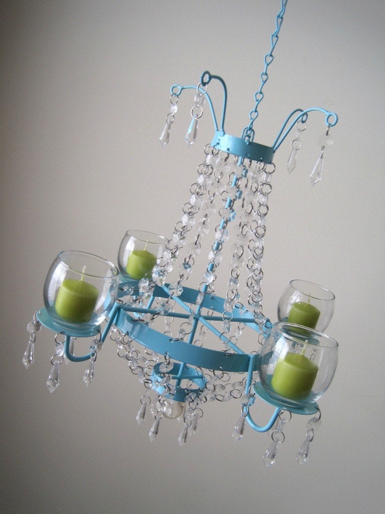 Metal and Glass Turquoise 4 Candle Chandelier MADE TO ORDER