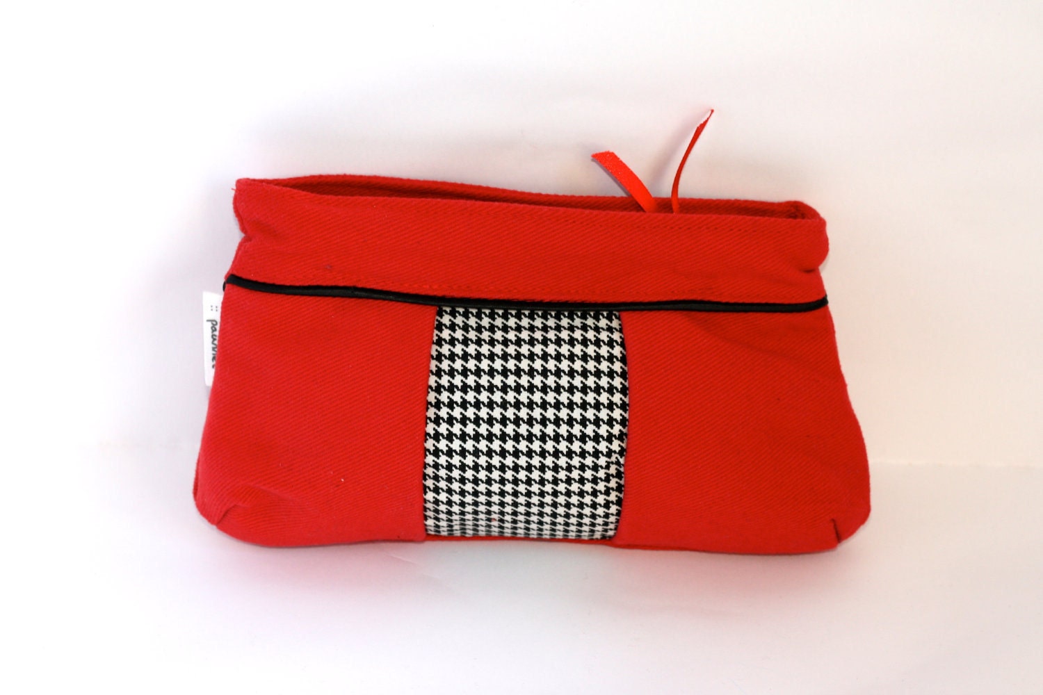 Pleated Red, White and Black Houndstooth Pouch
