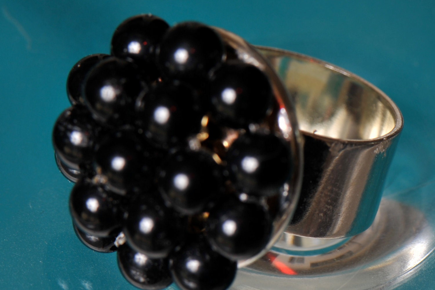Black cocktail ring. Adjustable. Caviar. Beaded Cluster. Repurposed vintage.