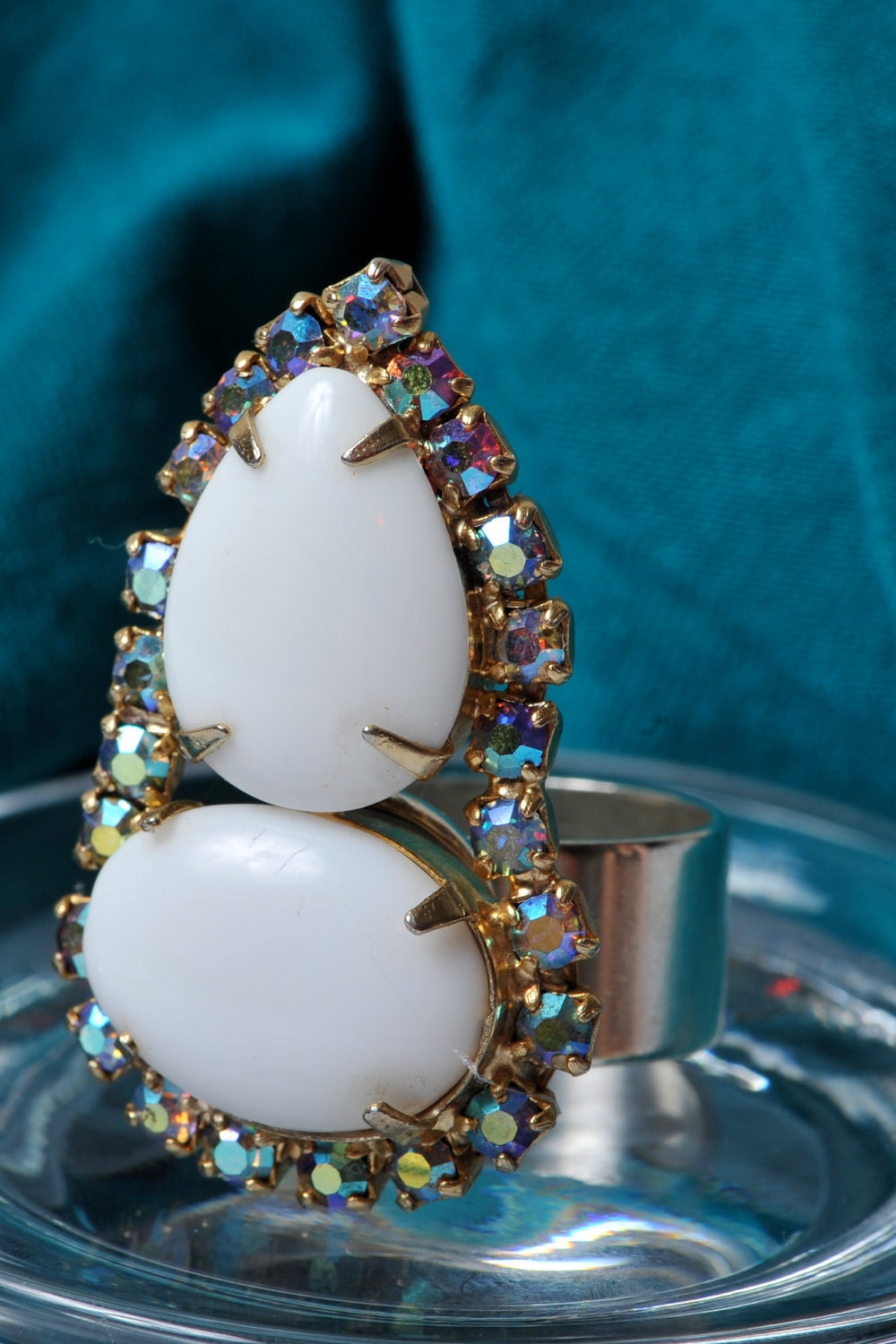 Cocktail ring. White. Rhinestones. Gems. Repurposed vintage. Adjustable.