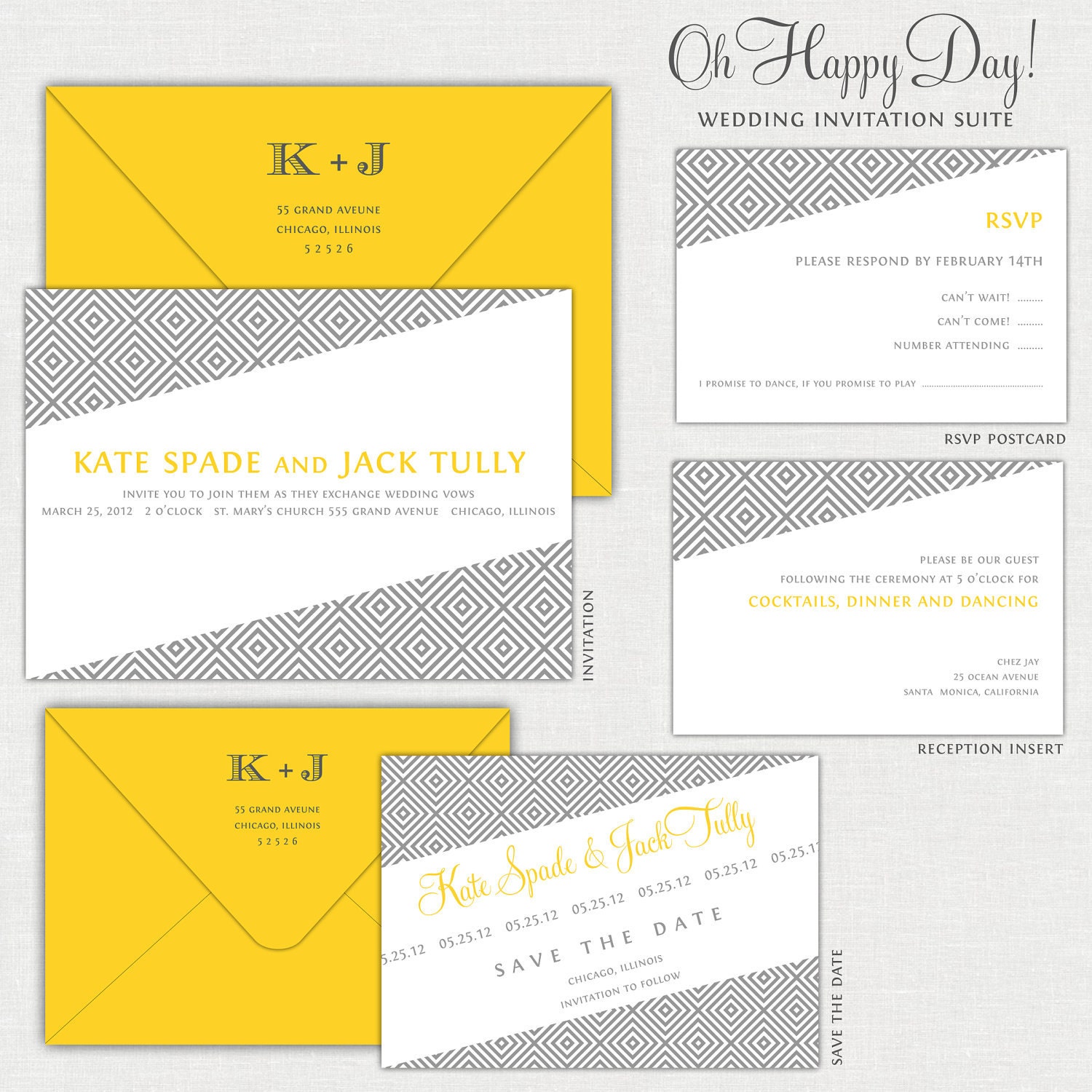 Yellow Wedding Invitations, Geometric Wedding Invitation, Wedding Invites, Bold, Bright, Gray, Monogram Logo, Simple, Minimalist Il_570xn