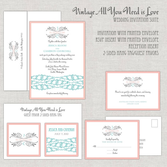 Vintage All You Need is Love Wedding Invitation Suite in Peach Vintage Rose and Teal with Custom Monogram Song Lyrics Beatles Il_570xn