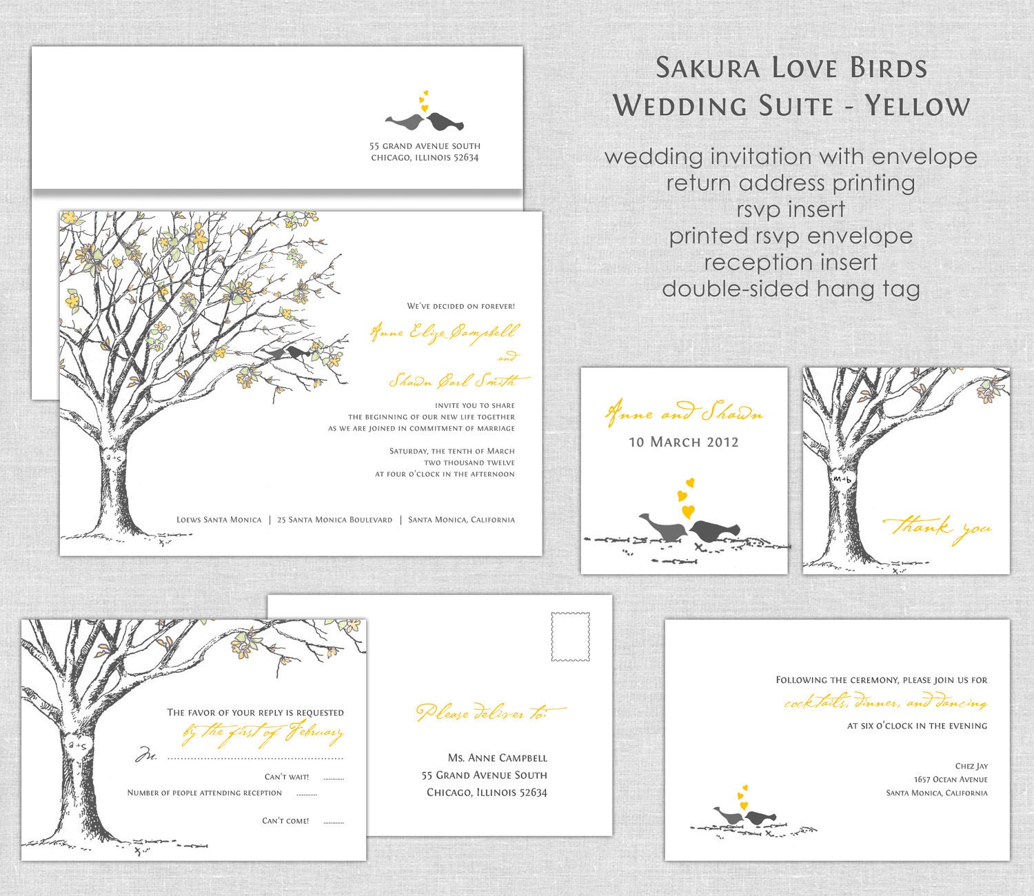 Love Birds Wedding Invitations, Sakura Cherry Blossom Wedding Invitation, Wedding Invites, Yellow, Romantic, Elegant, Gray Il_570xn