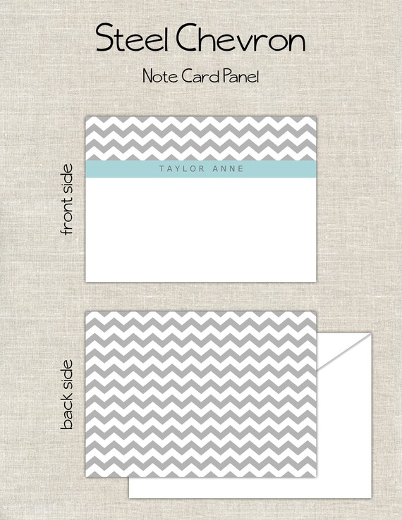 Note Card Set Panel Style - Steel Chevron design in gray and steel blue with personalization Il_570xn