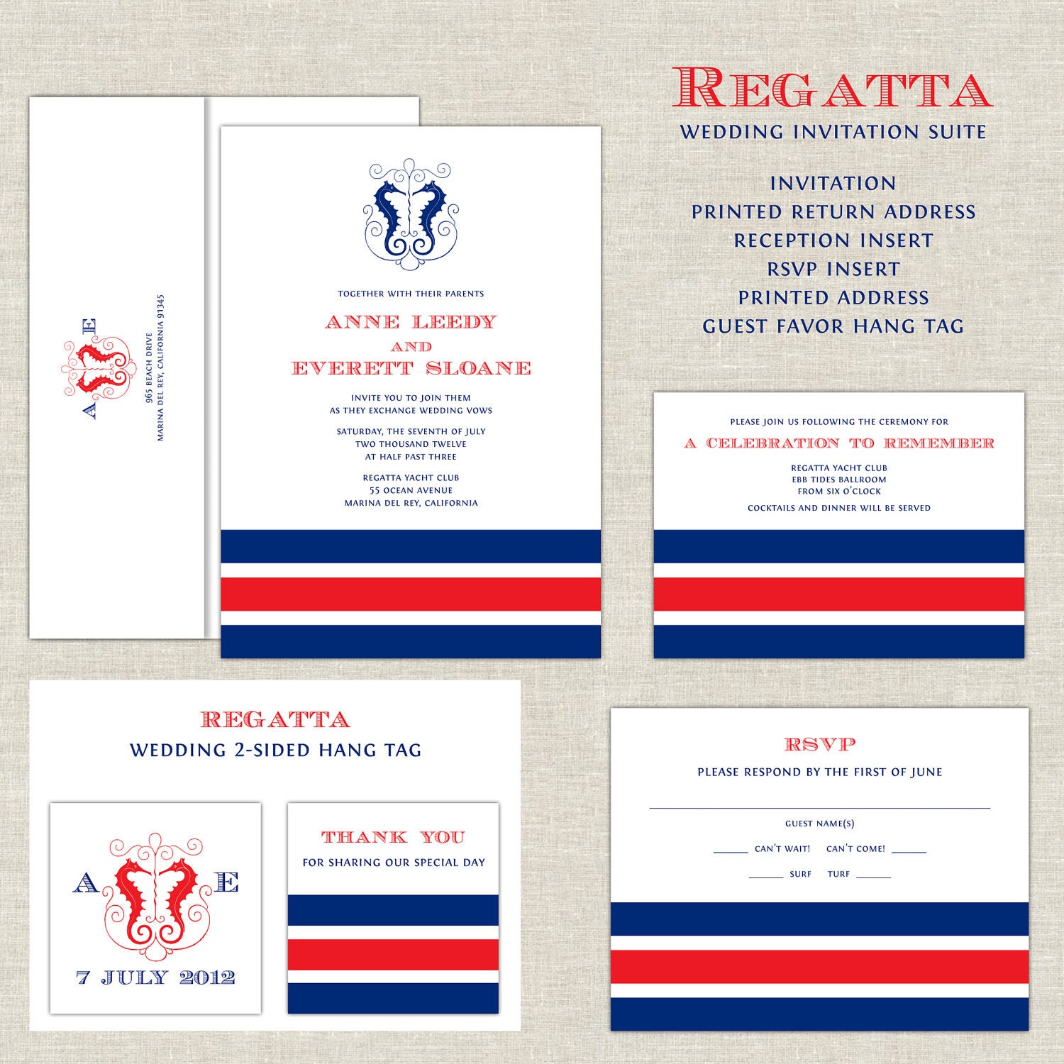 Nautical Wedding Invitations, Yacht Club Wedding Invitation, Wedding Invites, Regatta, Navy Blue & Red, Sea Horse, Stripes, Modern Monogram Il_570xn