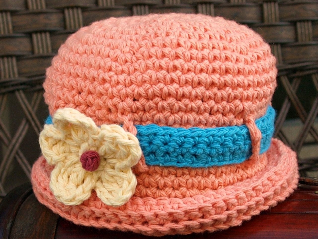 Cotton Rolled Brim hat, crochet, peach,  Newborn - 3 months