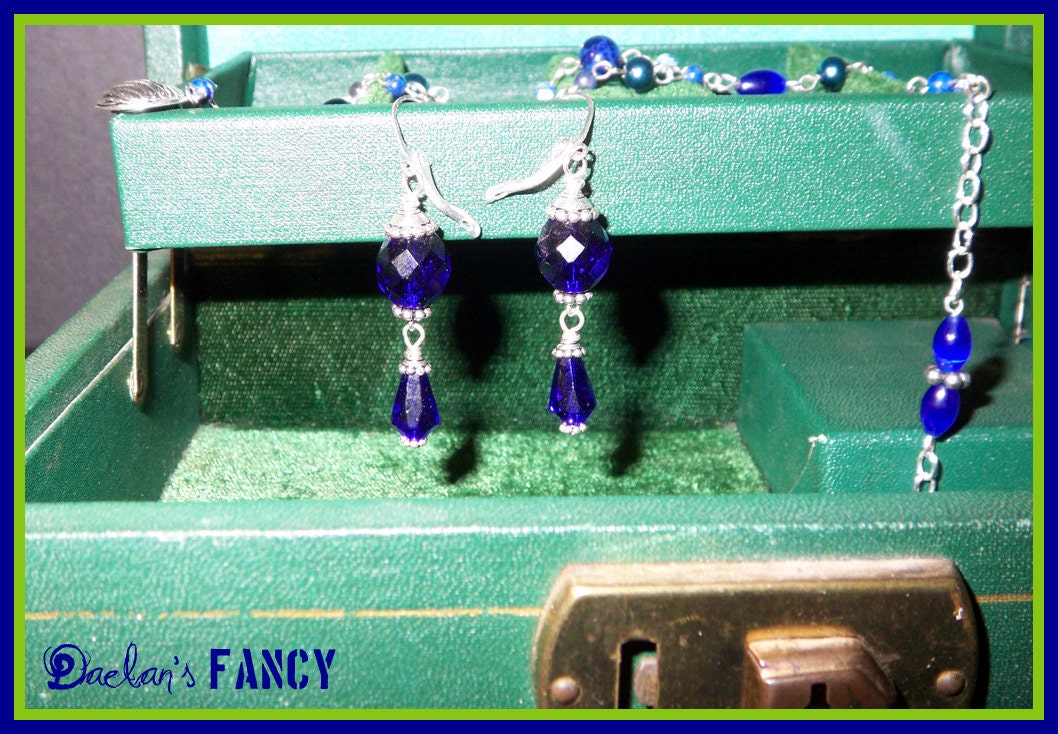 Royal Blue Faceted Glass Drop Earrings. free shipping.