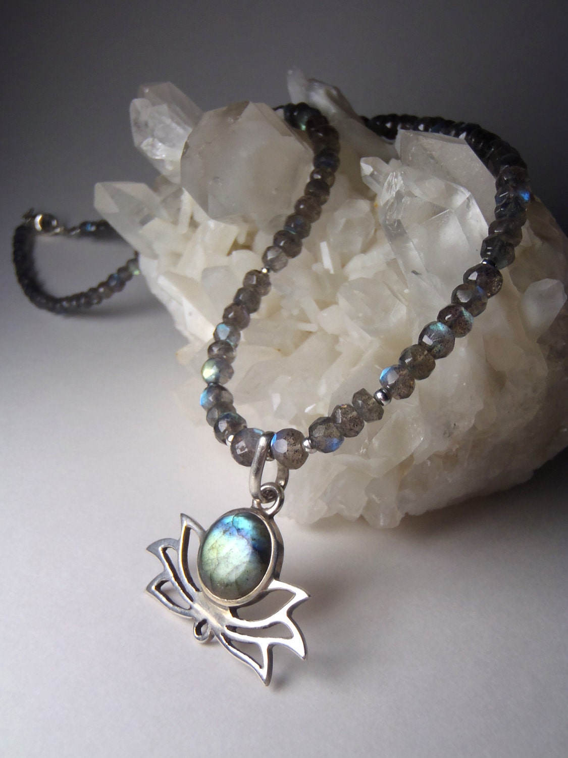 Labradorite Lotus Necklace - Graduated Micro-Faceted Beads with Sterling Silver Findings