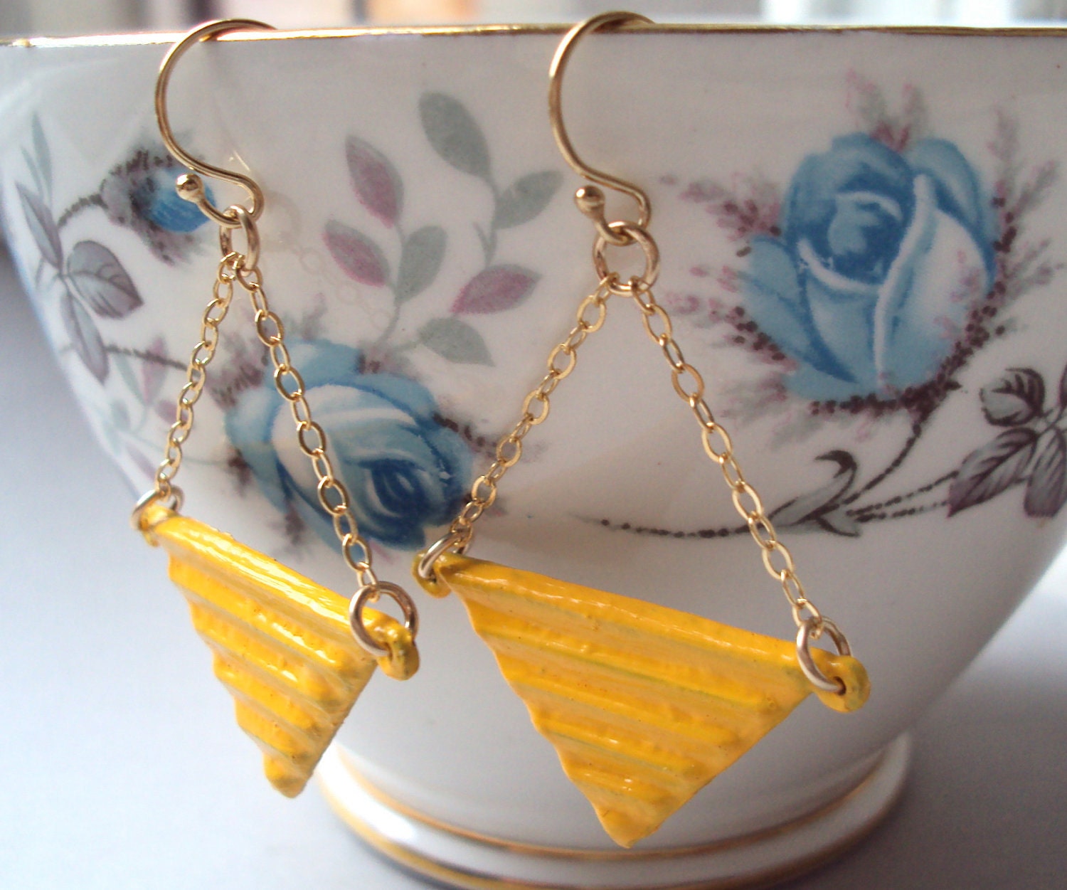 Yellow Triangle geometric earrings with gold filled ear wires