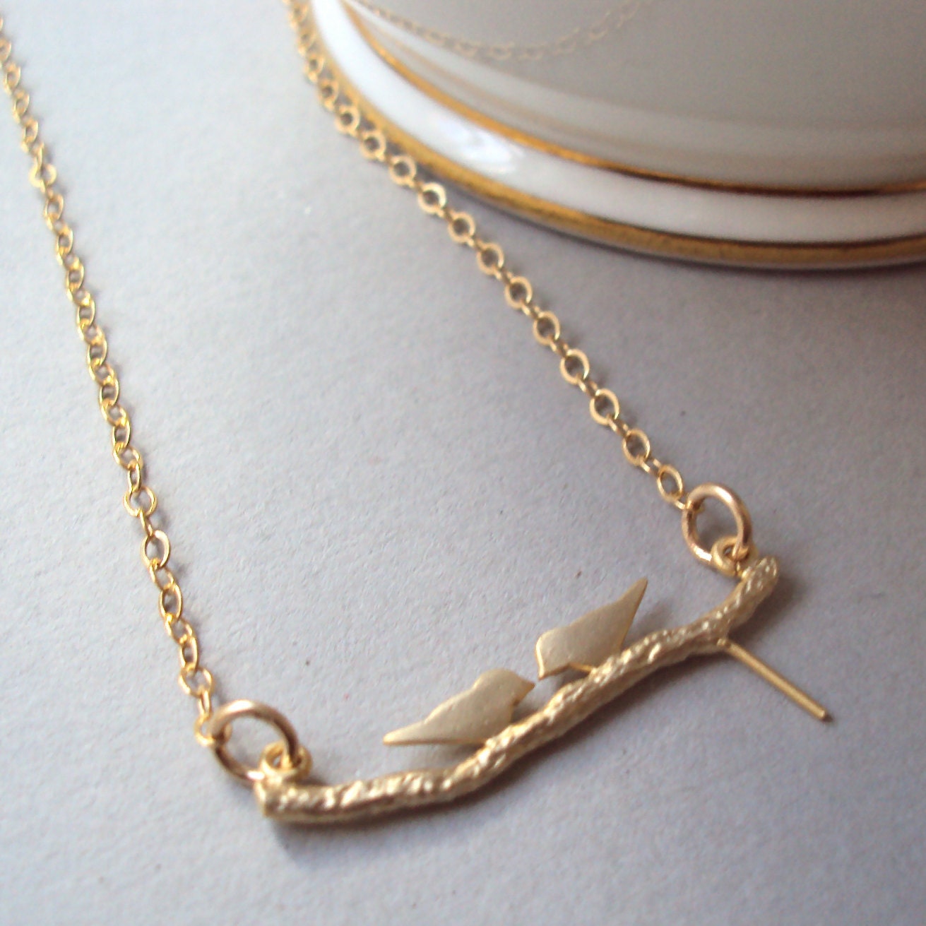 Gold Birds necklace - tiny birds on a branch with gold filled chain