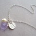 Silver Monogram necklace with small sterling silver tag and chain and violet quartz