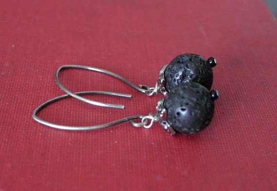 Midnight Black Sterling Silver Earrings Black Lava Beads