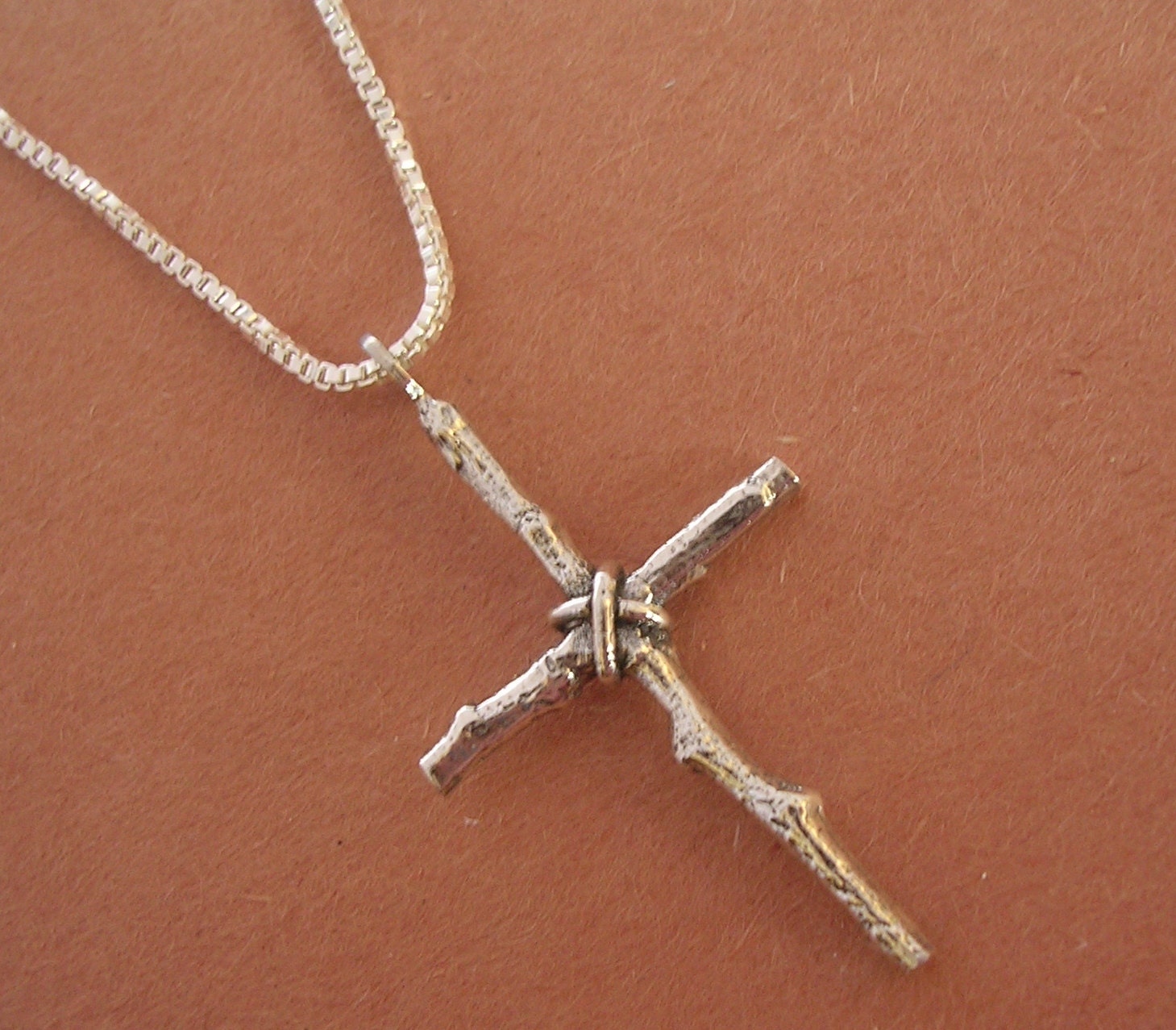 Mens cross necklace rustic twig cross heavy chain sterling silver