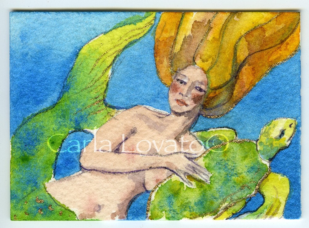 Mermaid Painting turtle art -  5x7 print of watercolor  - Sea goddess Ocean swimming