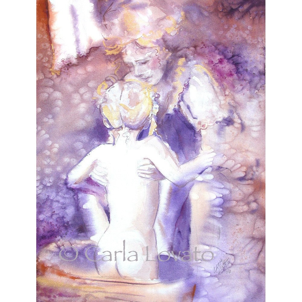 Mother and Child watercolor painting -- 5 x 7 Giclee Print  Motherhood Woman Baby Bath Infant Portrait Mauve