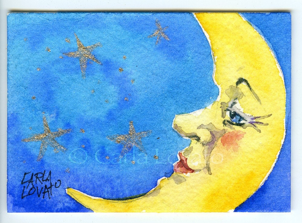 Moon Art Original Watercolor Painting - Twilight Moon - ACEO Cobalt Yellow Celestial Moon and Stars