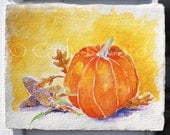 Watercolor Painting Pumpkin Art Original: Harvest Leaves Nature Halloween Autumn Thanksgiving