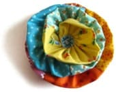 Yellow Orange Blue Ruffle Flower Fabric Brooch