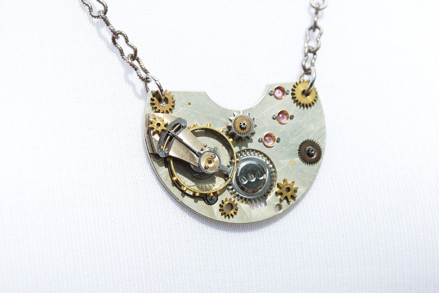 Steampunk Necklace Vintage Swiss Ruby Jeweled Pocket Watch Part - Gears - Pendant Necklace by Steampunk Vintage Design