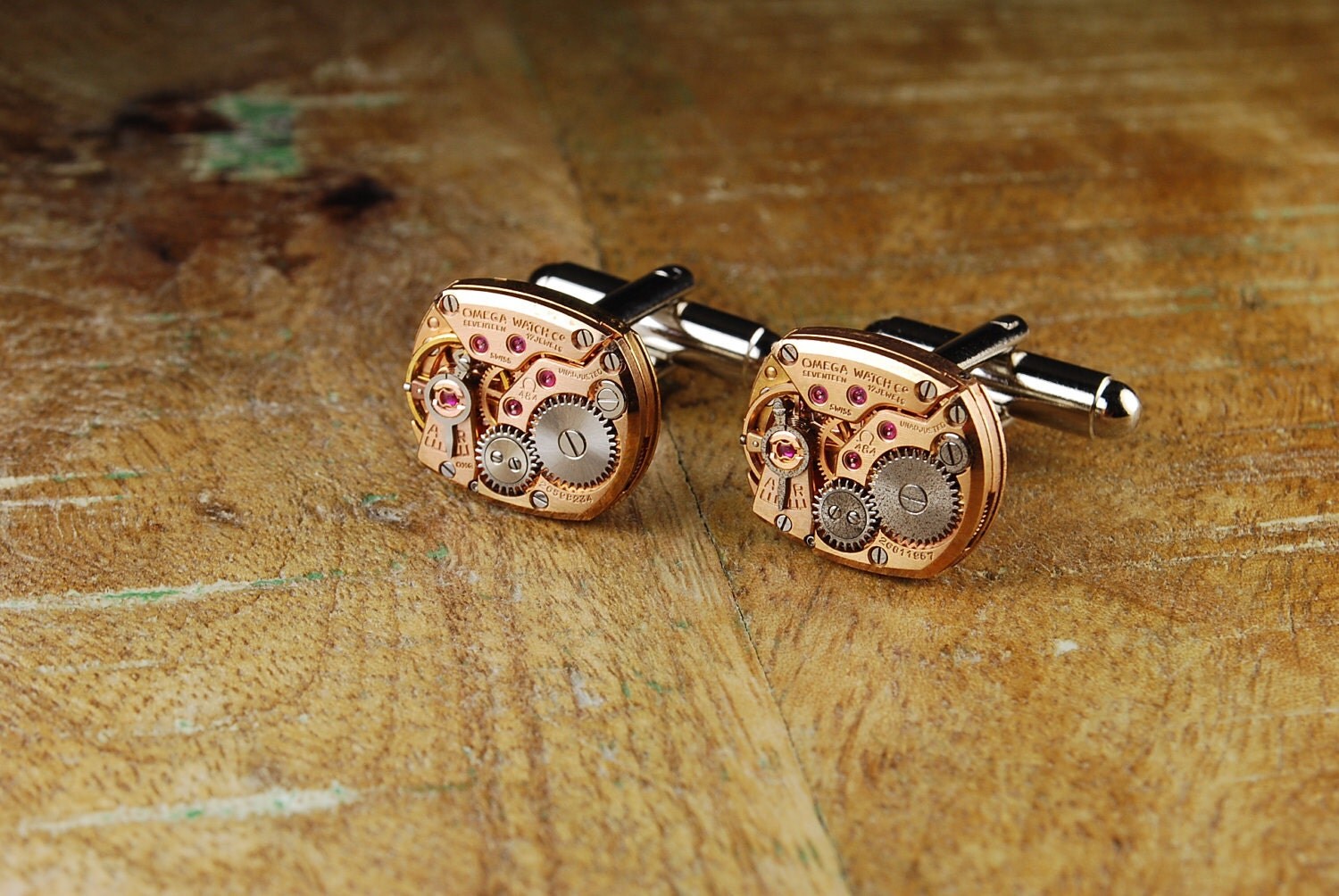 Steampunk Cufflinks // Genuine OMEGA - Rose Gold - Luxury Watch Movement Cuff Links -- Great for Wedding Gift - Fathers Day - Anniversary