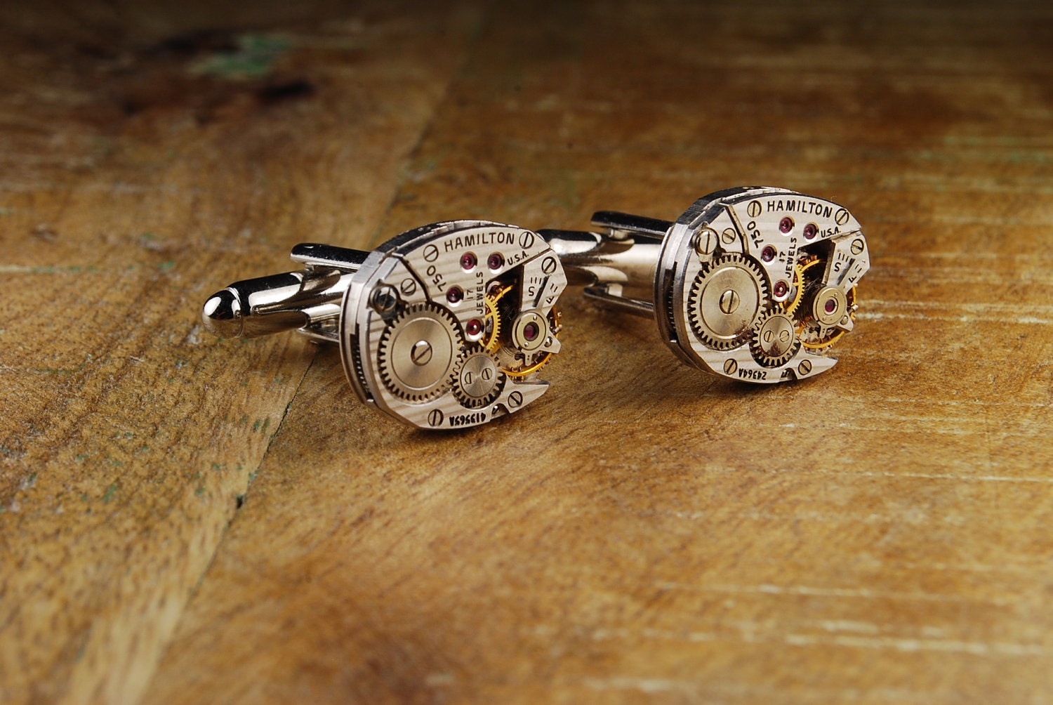 Steampunk Cufflinks Vintage Hamilton Watch Movement Mens Gear Cuff Links by Steampunk Vintage Design