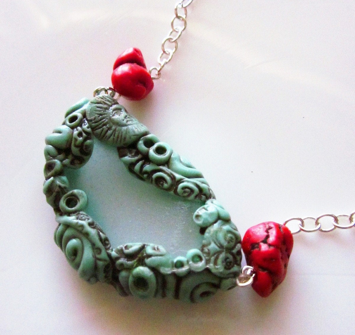 Natural Sea Glass and Polymer Clay Window Necklace (turquoise and red)