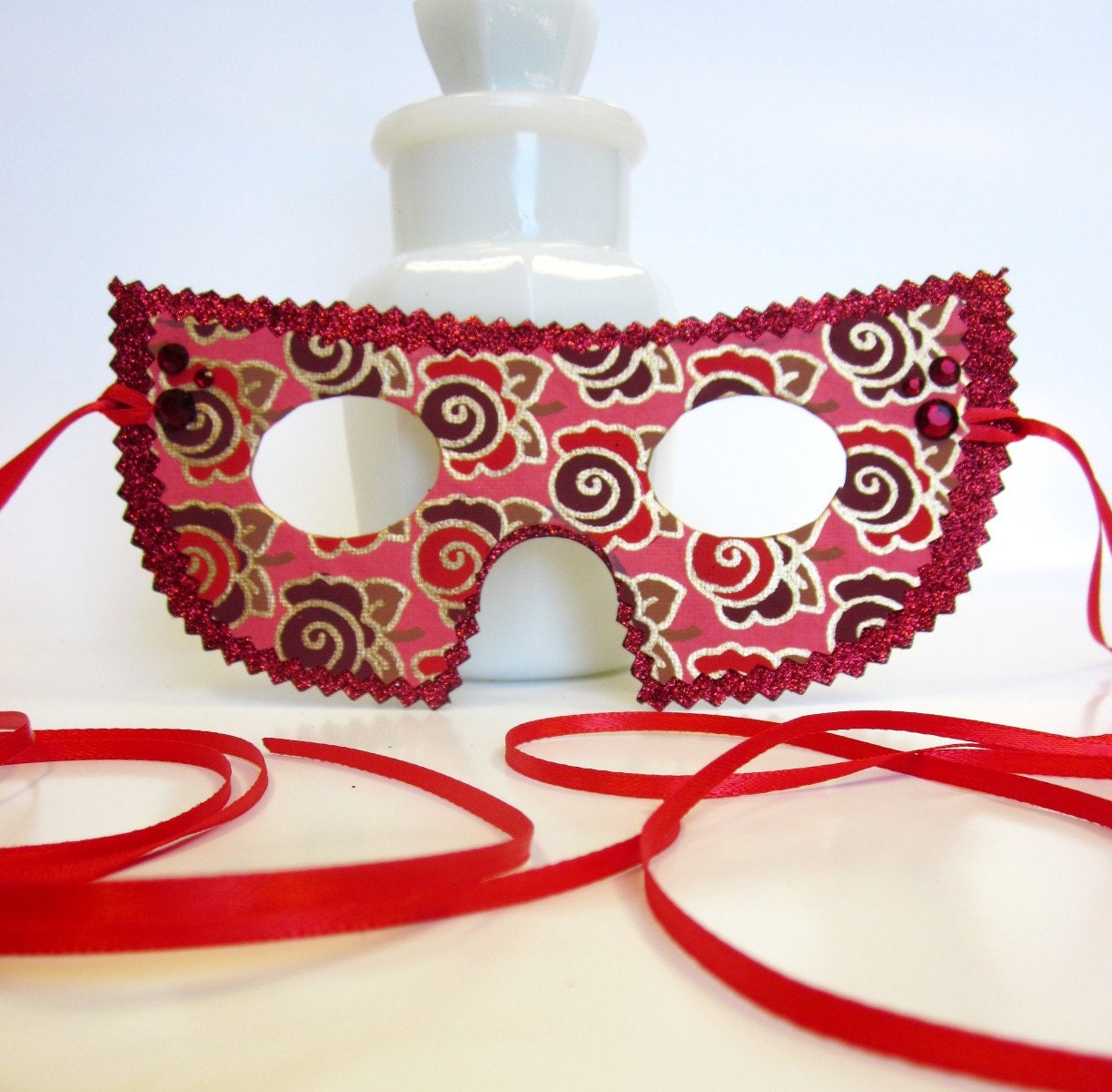 Bright Red, Burgundy, Purple and Gold Rosette Masqurade Mask with Stars