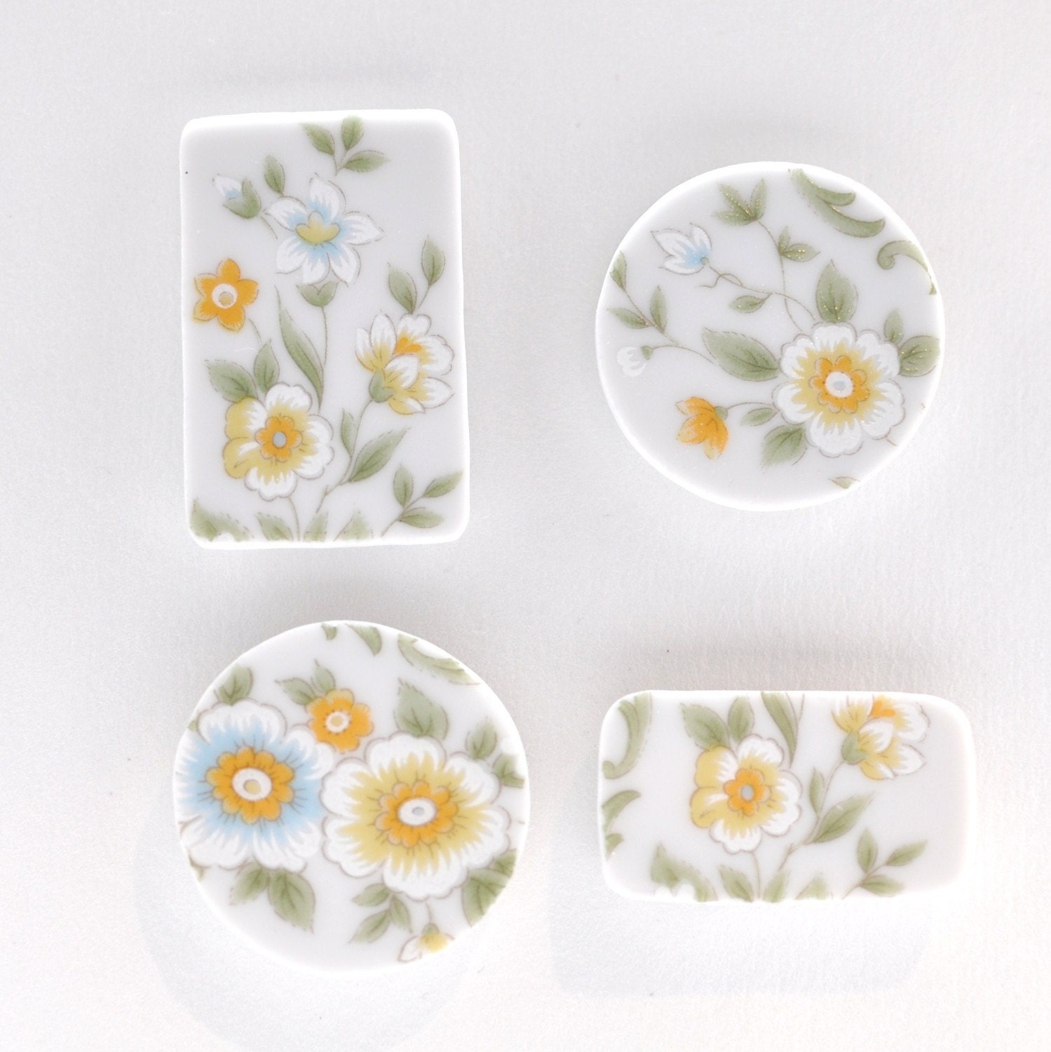 Broken China - Upcycled Floral - Magnets - Recycled Plate - White and Yellow  Spring Flowers - Set of 4