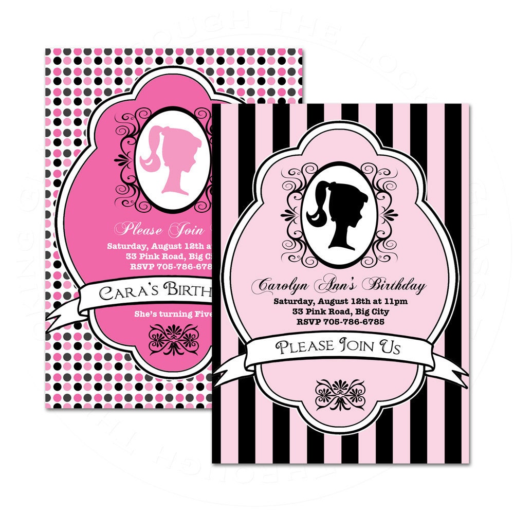 Printable Birthday invitation card Barbie or Girl silhouette child or sweet sixteen  pink or any color and more patterns DIGITAL