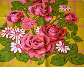 Vintage Kitchen Dish Towel - Cottage Chic Pink Roses on Yellow - Cotton Linen