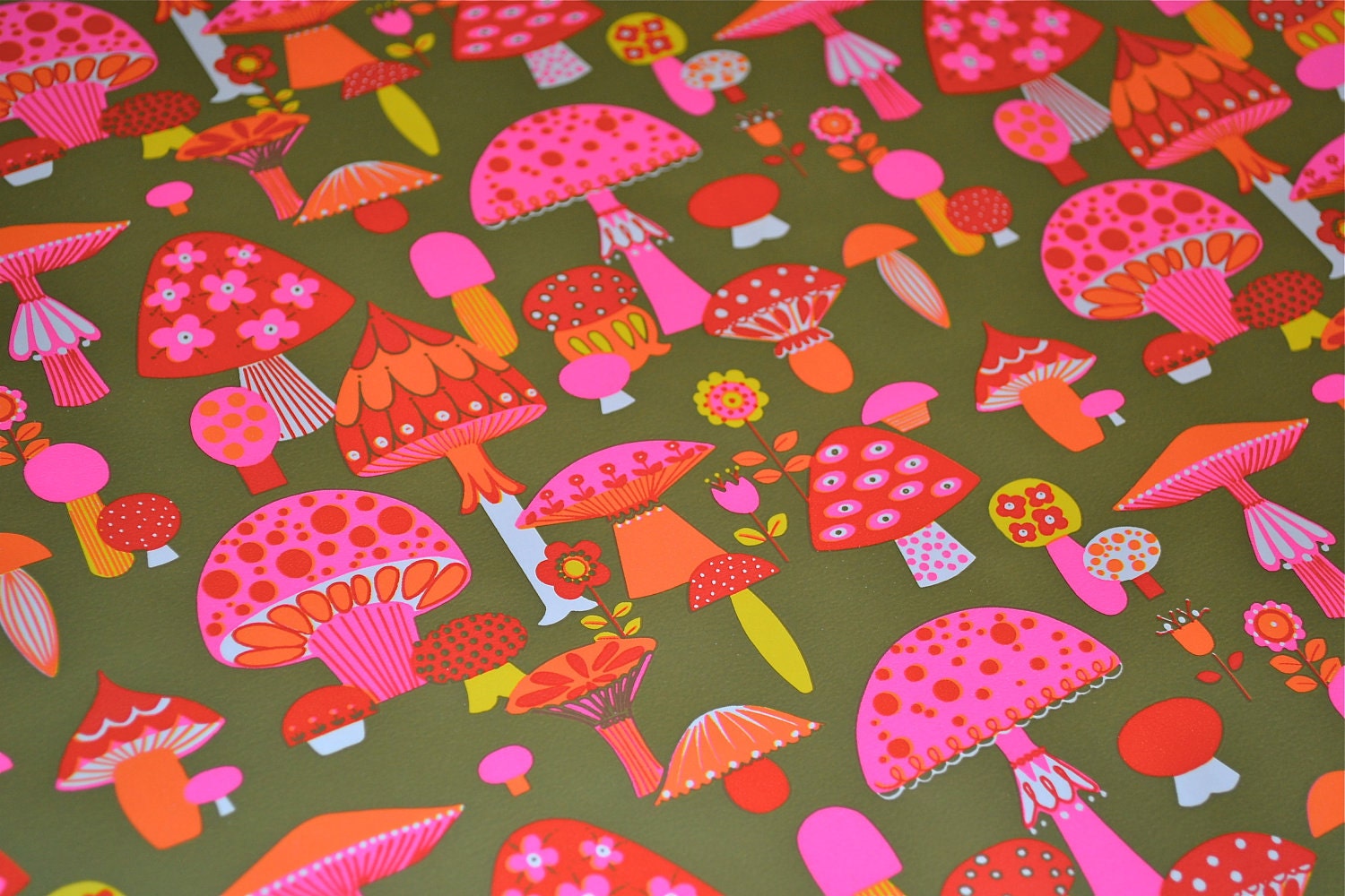 Vintage Wrapping Paper - Mod Neon Pink Mushrooms - A Full Roll by Norcross
