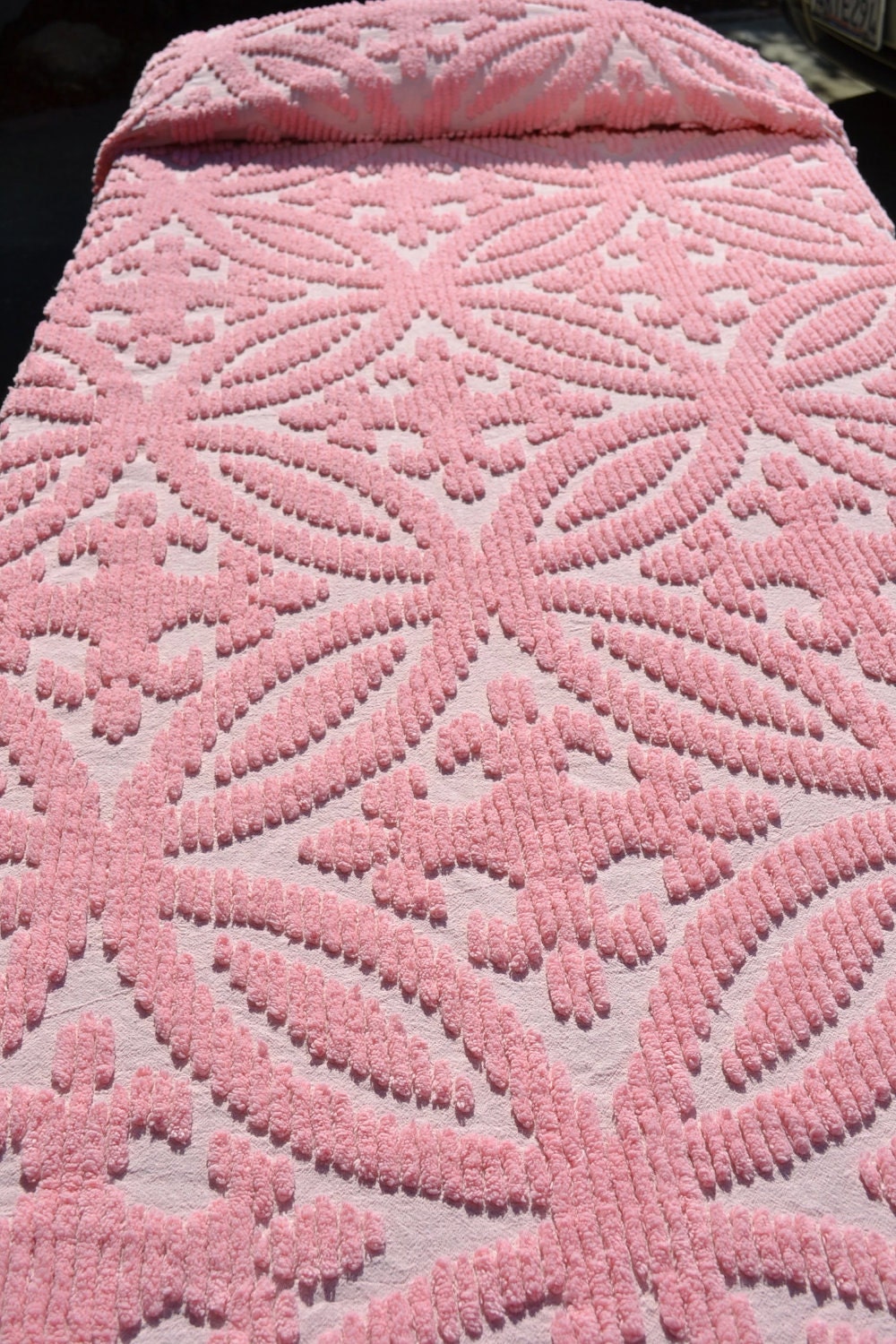 Vintage Pink Chenille Bedspread 92 x 104 by pumpkintruck on Etsy