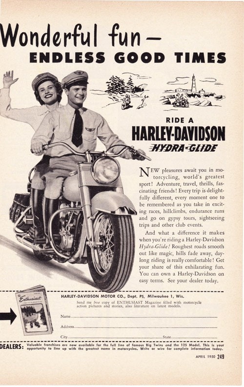 Vintage ad 1950 HARLEY DAVIDSON Hydra Glide motorcycle biker - Free U.S. shipping