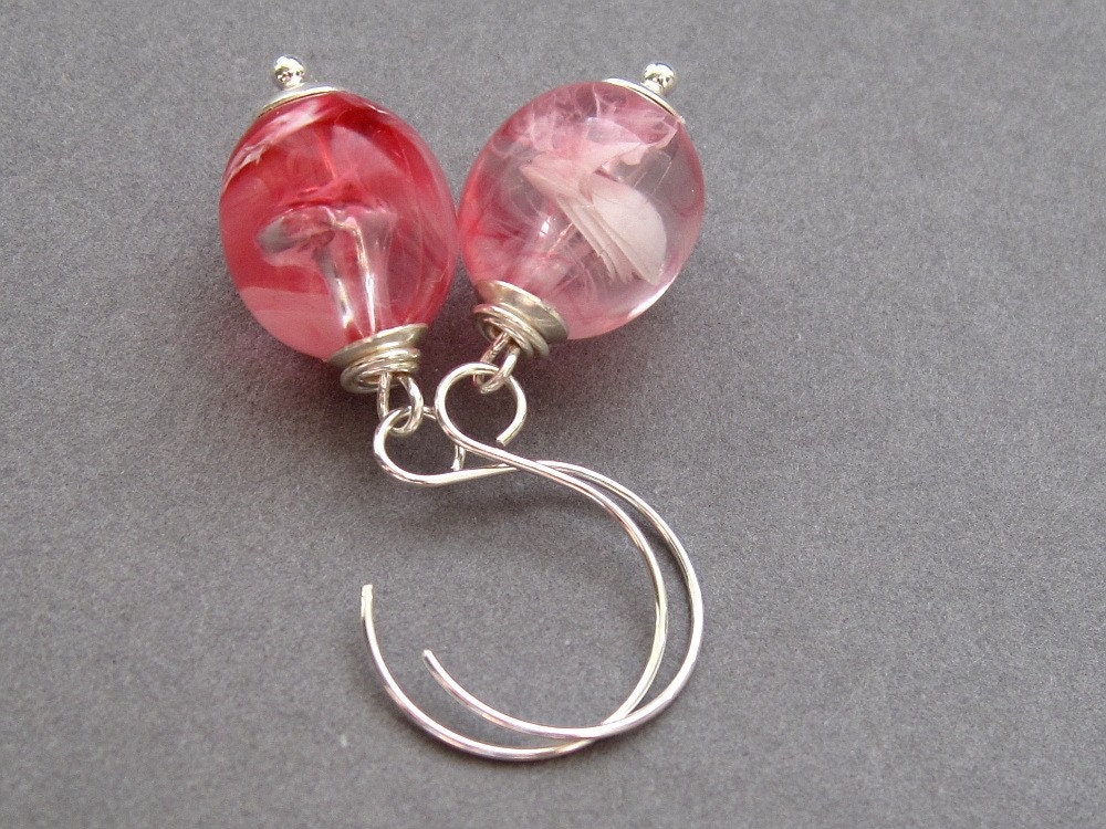 SALE - Vintage 1960s Raspberry Pink and White Lucite Earrings with Sterling Silver Ear Wires - coulis