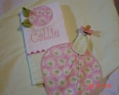 Custom Pink Rose Applique Burpcloth and Binky Bib Set