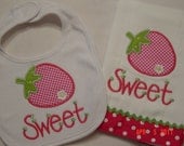 Baby Girl Strawberry Applique Burpcloth and Bib Set