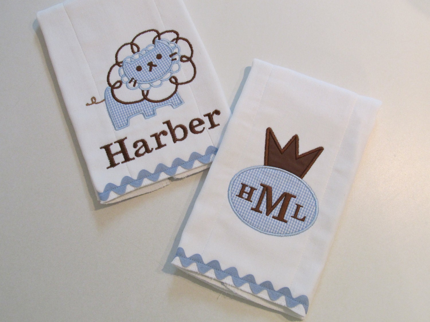 Baby Boy Burp Cloth Set in Chocolate Brown and Baby Blue Gingham, Little Crown Applique with Monogram, Adorable Lion Applique
