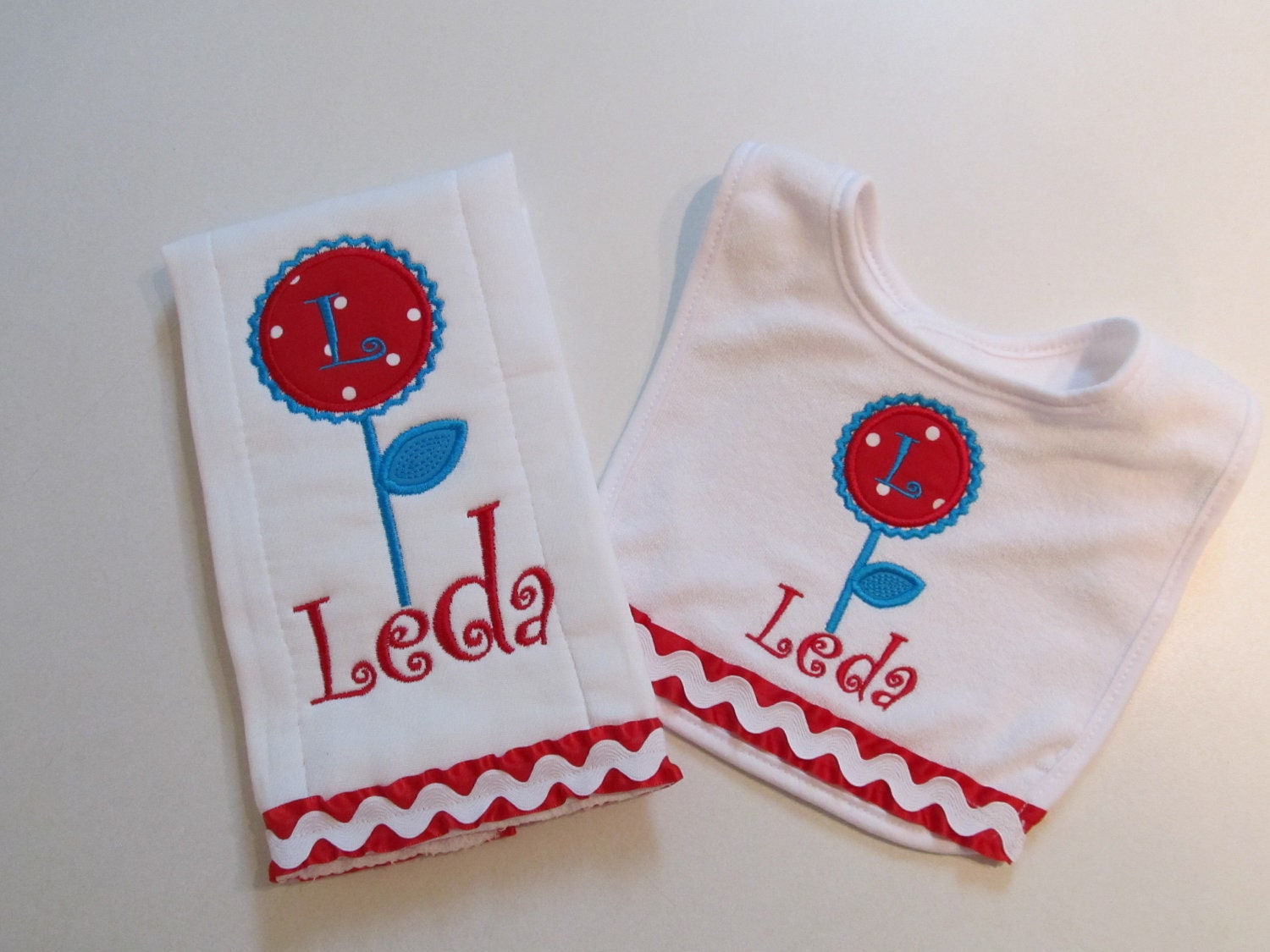 Baby Girls Flower Applique Bib and Burp Cloth Set with Monogram