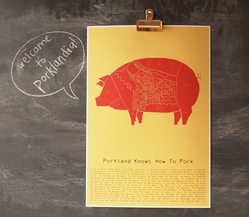 Portland Knows How to Pork - neighborhood butchery map poster